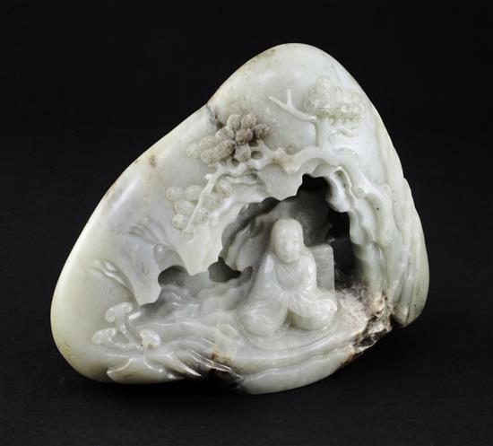 A Chinese pale grey-celadon jade boulder carving, probably 18th/19th century, height 12cm, width 14.5cm